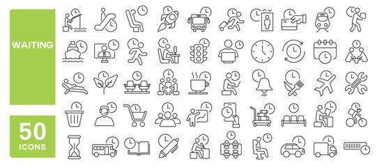 Set of 50 line icons related to waiting, time, countdown, timer, airport, station, transport, sitting, work, meeting, appointment, Editable stroke. Vector illustration