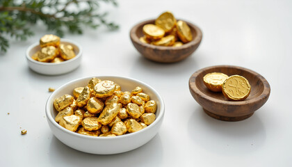 Shining golden coins and nuggets arranged artfully in elegant bowls on a bright, minimalist table setting
