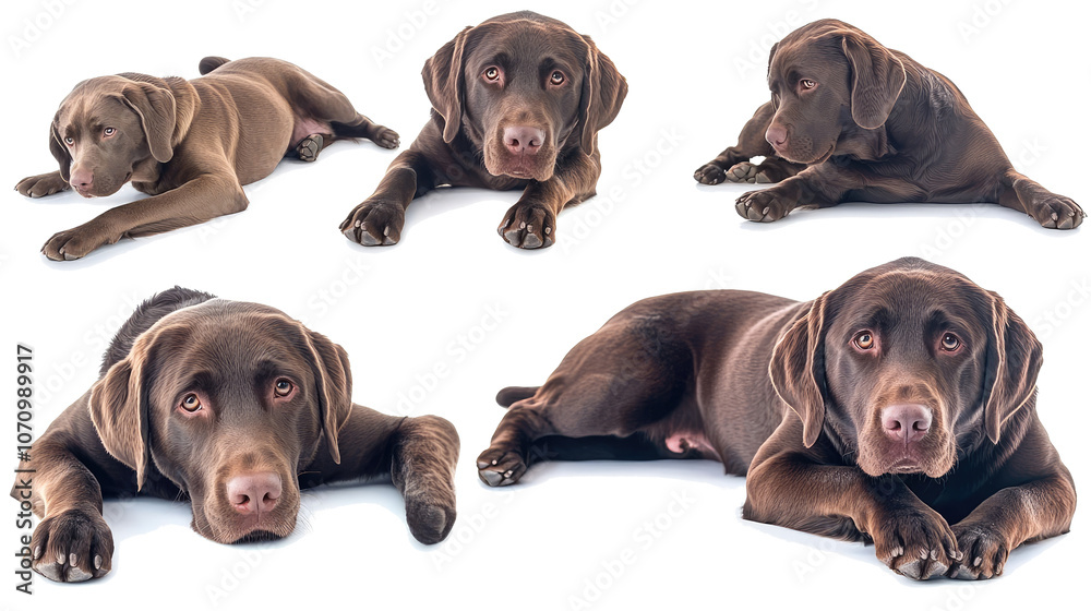 Poster chocolate labs resting and posing on transparent background generative ai