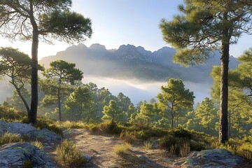 Obraz premium A serene landscape showcasing a misty morning in a pine forest, with sunlight filtering through trees. The scene features lush greenery and distant mountains, evoking tranquility.