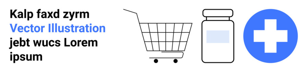 A shopping cart, medicine bottle, and medical cross icon in a simple design. Ideal for healthcare, online pharmacy, medical apps, shopping, medicine delivery, e-commerce, and health awareness. Banner
