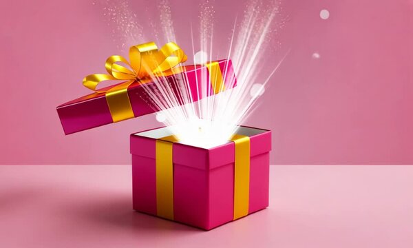 Opened magic gift box with golden ribbons glows with bright, radiant light beams from inside. Surprise idea, container for focus, secret gift, Black Friday Sale, Christmas or Birthday present