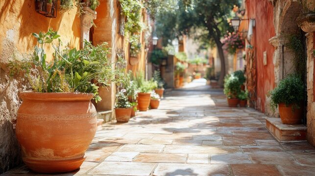 A narrow cobblestone street lined with terracotta pots and vibrant flowers in a charming European town.