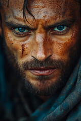 Obraz premium A man with blue eyes and a beard with blood on his face