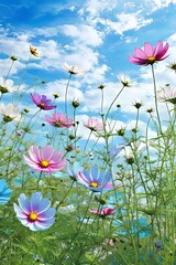 Lush garden of cosmos flowers painted in vivid colors beneath deep blue sky. Blossoms in full bloom wave gracefully, infusing scene with vibrant energy, tranquility, perfect for nature lovers, print.