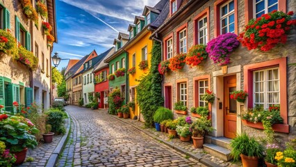 Fototapeta premium A quaint European street lined with colorful buildings, flower boxes on the windows, and cobblestone pavement