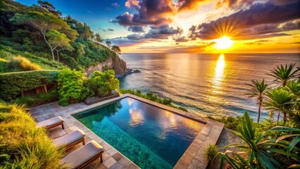 Obraz premium A picturesque cliffside view with a small infinity pool overlooking the ocean, surrounded by lush greenery and a setting sun