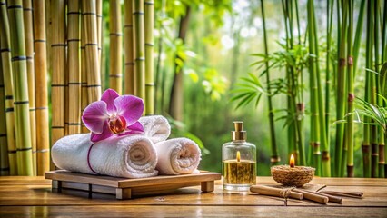 A high-end spa setup with neatly rolled towels, fresh orchids, essential oils, and a view of tranquil bamboo gardens