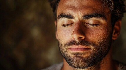 Fototapeta premium A Man With Closed Eyes Enjoying a Moment of Tranquility, Basking in Soft Lighting While Experiencing Relaxation in a Serene Indoor Environment