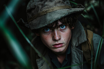 Fototapeta premium A young boy with blue eyes wearing a hat in the woods