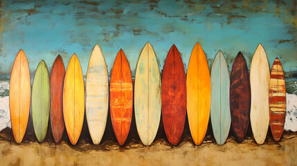 A row of colorful surfboards stand in the sand, facing the ocean.