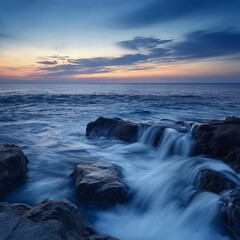 Fototapeta premium A stunning seaside view capturing ocean waves flowing over rocks during a vibrant sunset.