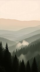 Obraz premium A tranquil scene featuring mist-covered evergreen trees in the foreground, with gentle rolling hills fading into the distance under a pale, calm sky