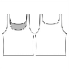 cropped tank top with a Round neckline-Unlined- Slim fit- Slip-on style- Sleeveless women's top, Front, and back fashion flat sketch.