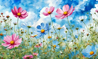 Lush garden of cosmos flowers painted in vivid colors beneath deep blue sky. Blossoms in full bloom wave gracefully, infusing scene with vibrant energy, tranquility, perfect for nature lovers, print.