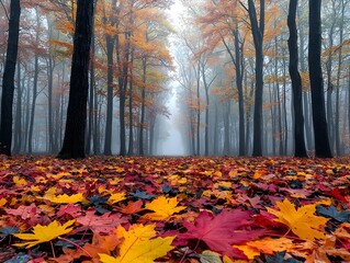 A serene autumn scene featuring a misty forest with vibrant orange, red, and yellow leaves covering the ground, evoking a calm and peaceful atmosphere.