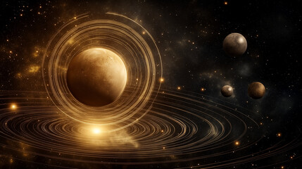 A highly detailed astrophysical sketch of a planetary system with multiple orbits, showing planets of various sizes revolving around a star. The sketch includes orbit paths and gra