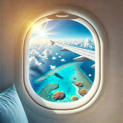 View of Coral Reef and Clear Blue Sea from Airplane Window
