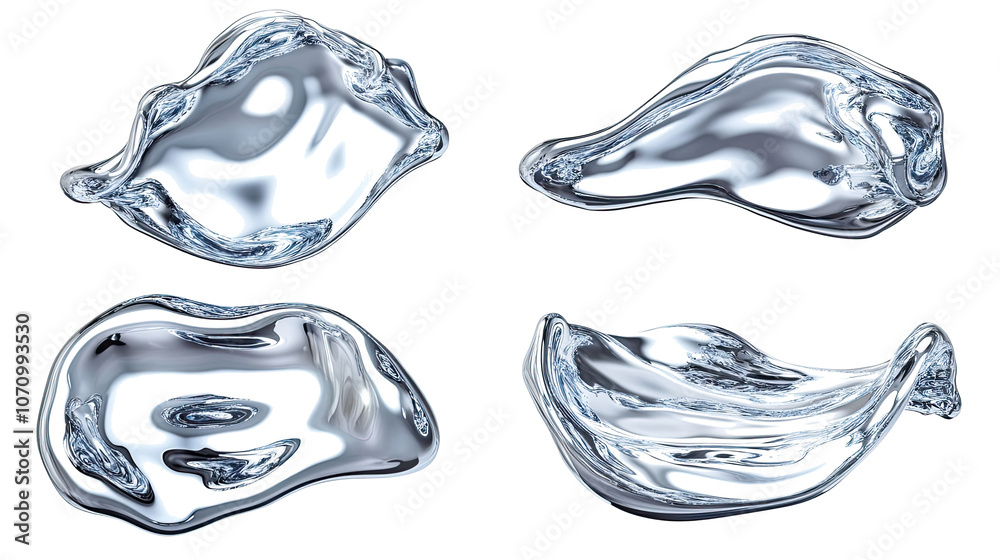 Poster Chrome Liquid Shapes Like Metallic Blobs on White Background Generative AI