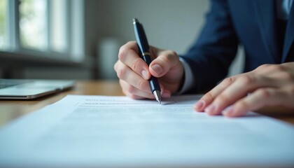 Professional Hand Signing Paper on Wooden Desk with Laptop Nearby
