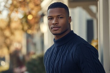 Obraz premium a man wearing a navy blue Cable Knit Cashmere Sweater,