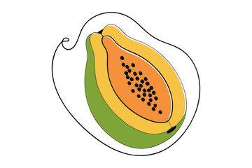 Vibrant Line Color Drawing of Papaya with Slice – Fresh and Juicy Vector Illustration