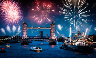 tower bridge with fireworks, celebration of the New Year in London, UK