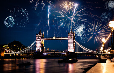 tower bridge with fireworks, celebration of the New Year in London, UK © Melinda Nagy
