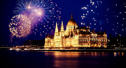 Naklejka premium new Year in the city - Budapest Parliament with fireworks