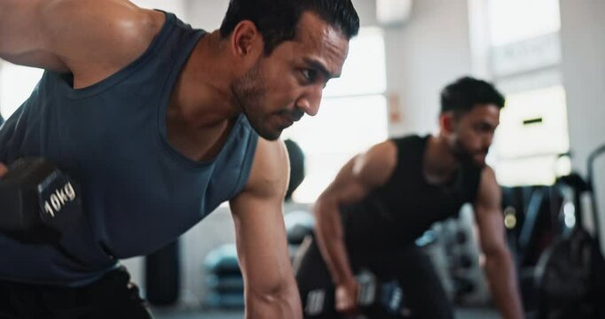 Man, dumbbell row and bench at gym with fitness, exercise and power for growth with wellness. Person, bodybuilder and friends with workout, training and strong with weightlifting at health club