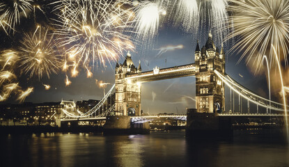 Tower bridge with firework, New Year in London, UK