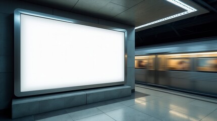 Fototapeta premium Blank Advertising Billboard in Subway Station with Passing Trains Urban Advertising Concept