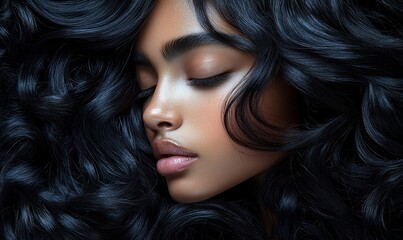 Fototapeta premium In natural light, exploring the stunning contrast between straight, shiny dark hair and a perfect center parting