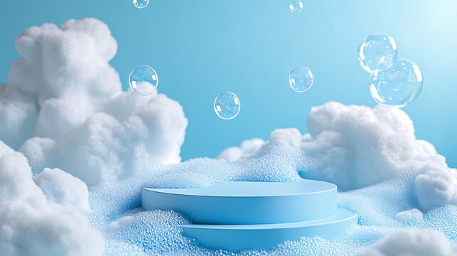 A geometric podium stage with a bright blue background, surrounded by soapy bubbles and foam, creating a modern and creative backdrop for product display