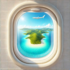 View of Clear Blue Sea and Island from Airplane Window