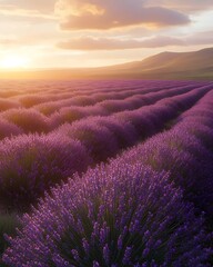 Obraz premium A stunning lavender field in full bloom at sunset, showcasing vibrant purple flowers stretching towards the horizon under a colorful sky.