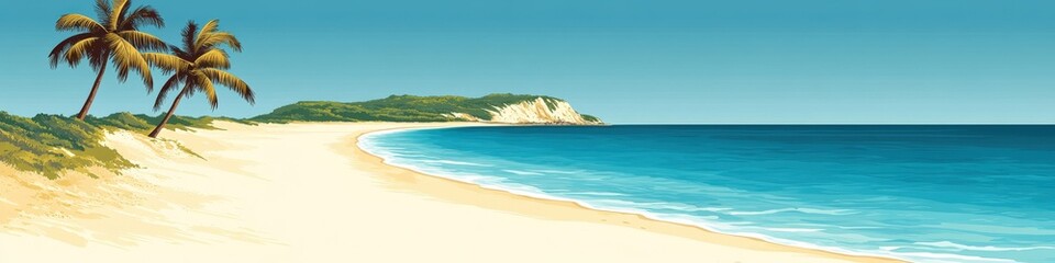 Fototapeta premium Breathtaking tropical paradise beach with golden sand, palm trees, turquoise ocean waves in summer; perfect travel destination for relaxation and escape