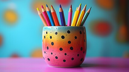 Rainbow-colored, abstract pencil holder on a bold lavender background, ideal for a fun workspace