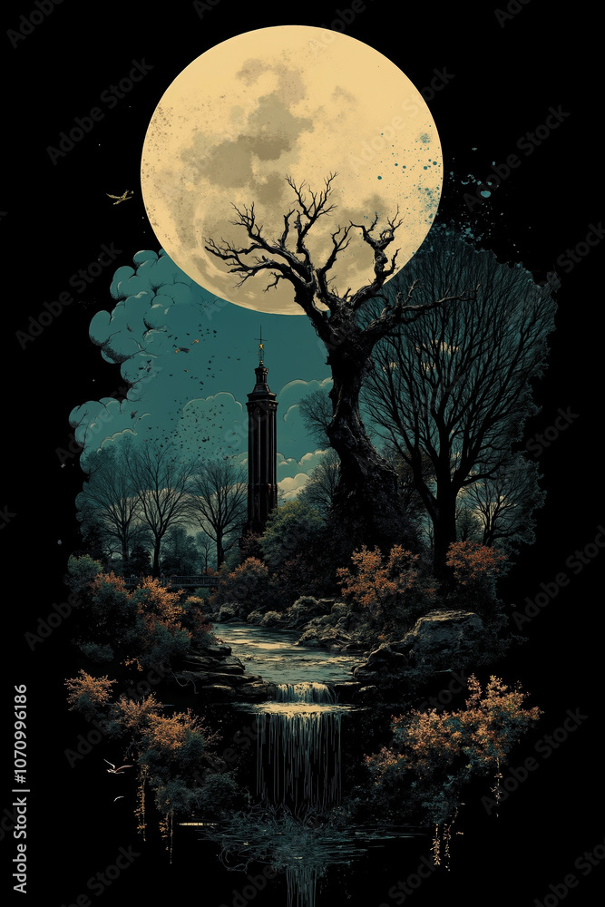 Wall mural a painting of a tree in the middle of a forest with a full moon in the background