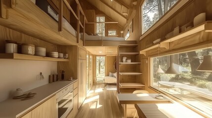 Naturally Lit Tiny Home Interior With Open Floor Plan, Loft Area, And Large Windows Showing Nature.
