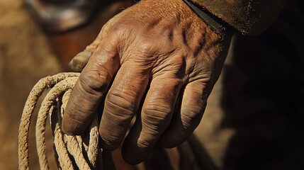 Close-up of a cowboy’s hand resting on his lasso, capturing the intricate leather texture and years of wear from a life on the range