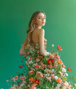 an elegant young blonde woman is posing against green background in a long dress made of flowers growing from green grass