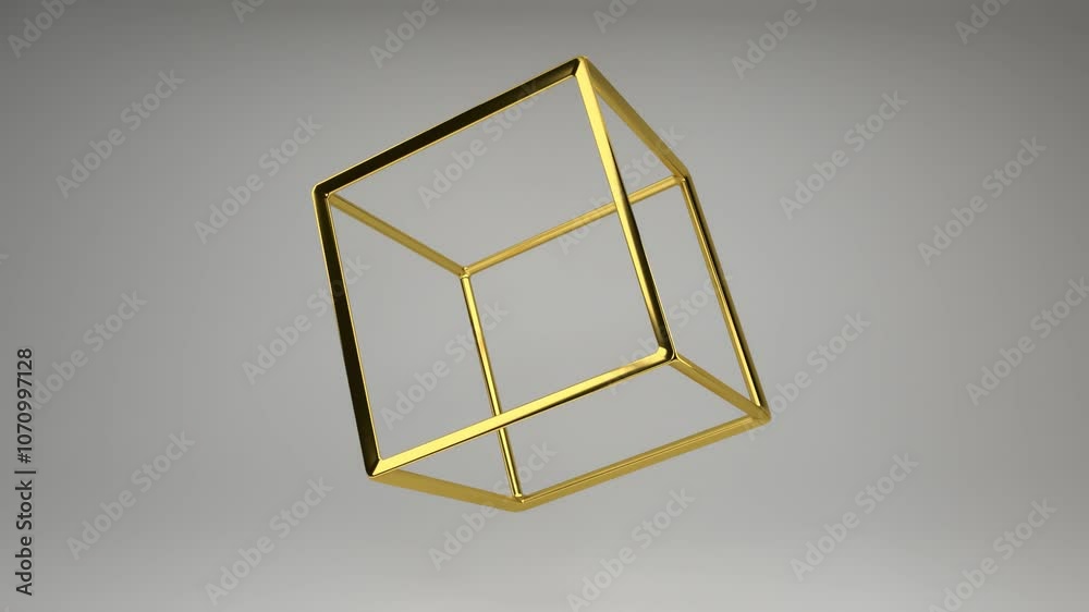 Poster realistic 3d rendering of a golden cube frame slowly spin around. beautiful backdrop with the geomet