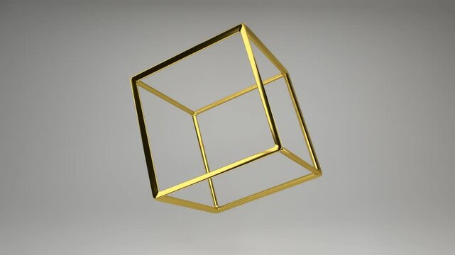 Realistic 3D rendering of a golden cube frame slowly spin around. Beautiful backdrop with the geometric shape of the Platonic solids. Looped footage.