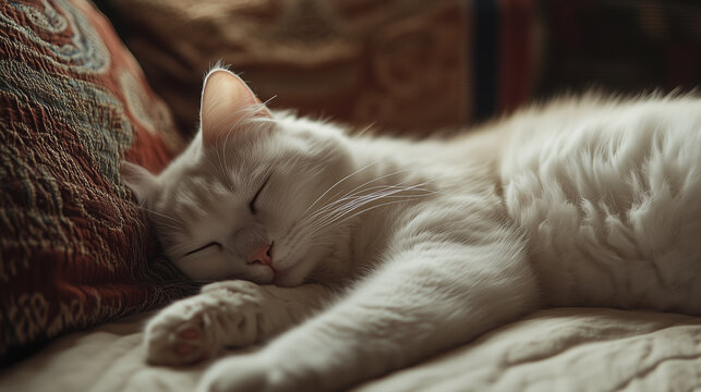 Tranquil white cat peacefully napping on a cozy sofa, highlighting the calming presence of feline companions
