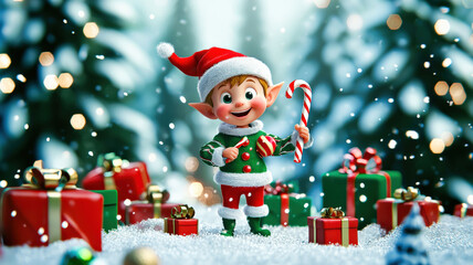 Playful animated elf in a green and red outfit, holding a candy cane, surrounded by holiday gifts with snow-covered trees in the background.