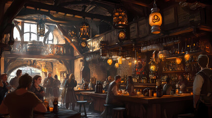 Naklejka premium Warm lit friendly medieval fantasy tavern inn, lanterns, concept art interior, adventuring dungeons and dragons. Fantasy. Illustration