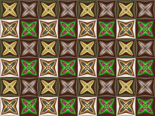 Decorative geometric pattern with vibrant colors and intricate shapes on a brown backdrop