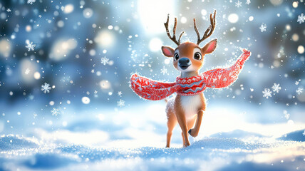 Fototapeta premium Playful animated reindeer with a scarf, frolicking through the snow, surrounded by floating snowflakes, creating a cheerful and festive atmosphere