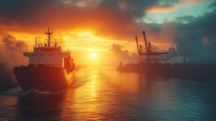 Obraz premium A large cargo ship sails towards the sunset with a silhouetted industrial port in the background.